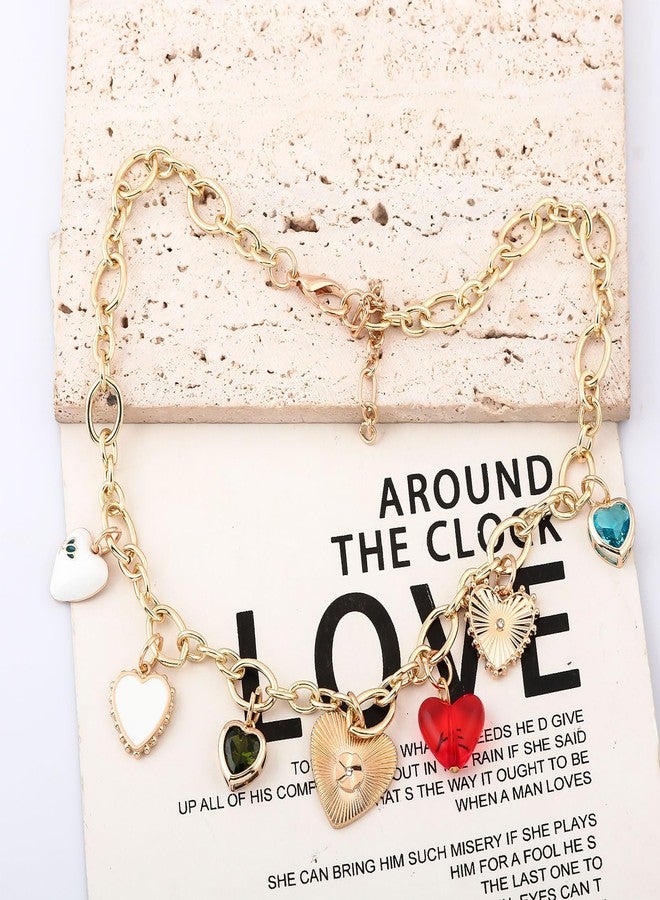 SORGERLY Chunky Heart Charm Necklaces for Women - Gold Different Heart Pendents Link Chain Jewelry Gift (Colorful) - Image 2
